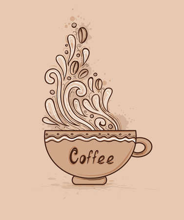 Decorative vector hand drawn background with cup of coffeeのイラスト素材