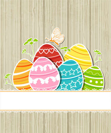 Vector wooden Easter background with eggs and butterflyのイラスト素材