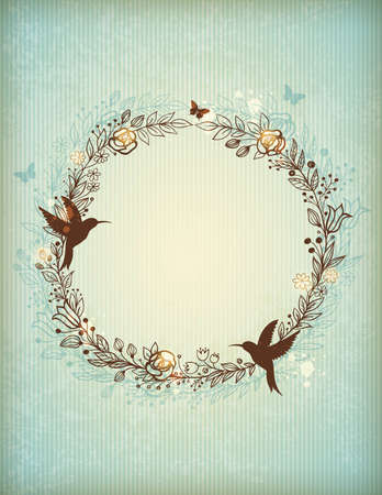 Decorative vintage hand drawn wreath of flowers, leaves and birdsのイラスト素材
