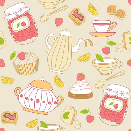 Vintage vector seamless pattern with tea and fruitsのイラスト素材