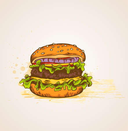Vintage vector hand drawn hamburger with green salad and cheeseのイラスト素材