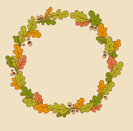 Decorative vector autumn wreath of oak branchesのイラスト素材