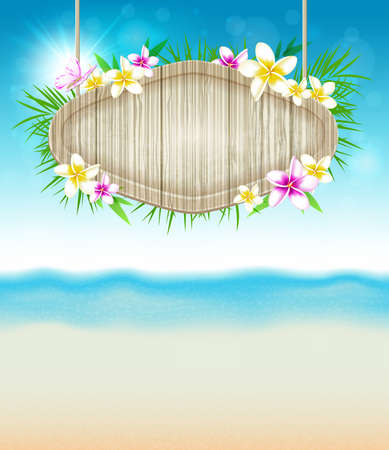 Summer vector tropical background with flowers and wooden bannerのイラスト素材