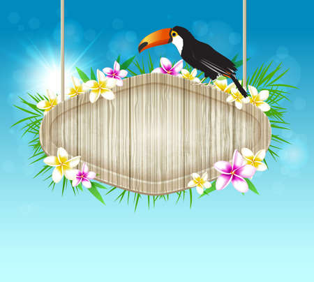 Summer vector tropical background with toucan and wooden bannerのイラスト素材