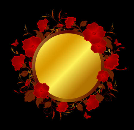 Black background with red tropical flowers のイラスト素材