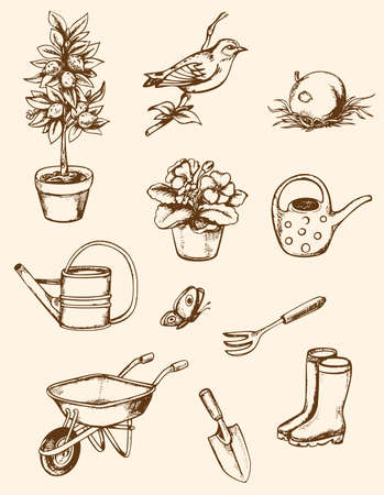 Set of vintage hand drawn garden toolsのイラスト素材