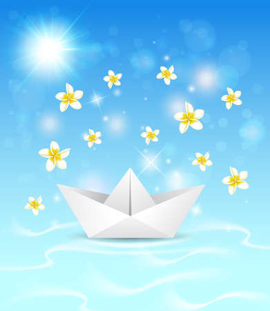 Summer blue marine background with paper boat and flowers のイラスト素材