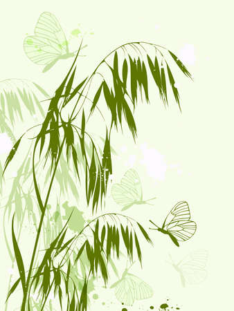 background with green oat and butterfliesのイラスト素材
