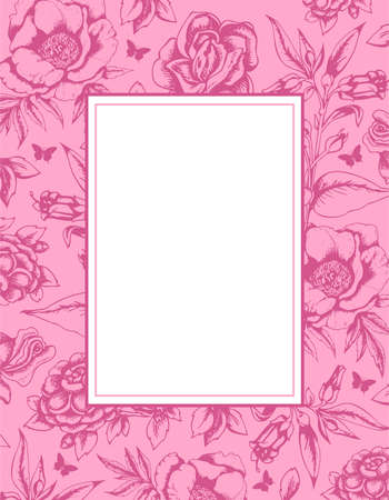 Decorative  vintage pink  background with frame and flowersのイラスト素材
