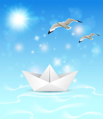 Summer blue marine background with paper boat and seagullsのイラスト素材