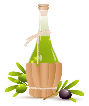 Bottle with olive oil, green and black olivesのイラスト素材