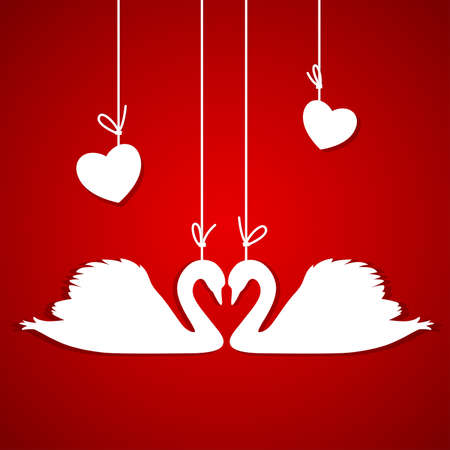 Red background with two white swans and heartsのイラスト素材