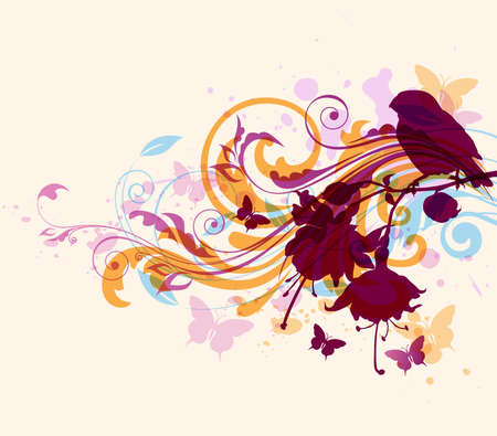 Abstract vector background with bird and butterfliesのイラスト素材