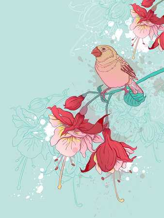 Green vector background with red flowers and birdのイラスト素材