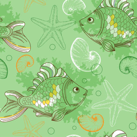 Vector marine seamless pattern with tropical fishes and shellsのイラスト素材