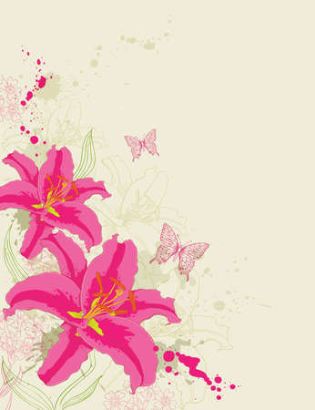 Abstract vector background with red flowers and butterfliesのイラスト素材