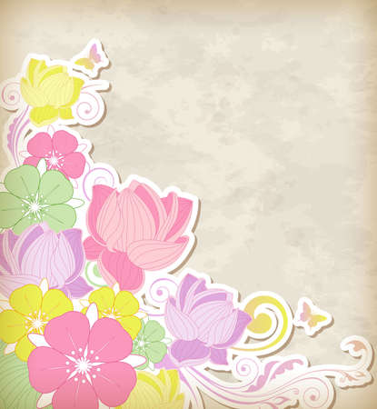 Vintage vector background with pink and yellow flowersのイラスト素材