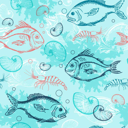 Vector blue marine seamless pattern with tropical fishesのイラスト素材