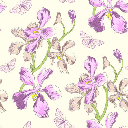 Vector seamless pattern with orchids and butterfliesのイラスト素材