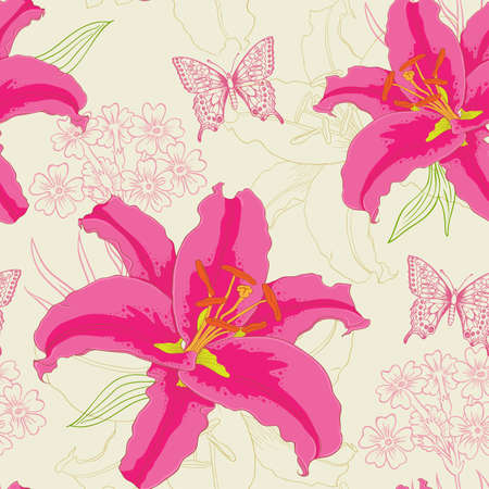 Vector seamless pattern with red flowers and butterfliesのイラスト素材