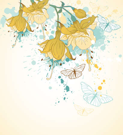 Decorative vector background with yellow flowers and butterfliesのイラスト素材
