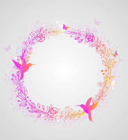 Decorative hand drawn wreath of flowers, leaves and birdsのイラスト素材
