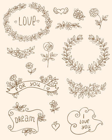 Set of romantic doodle elements for design のイラスト素材