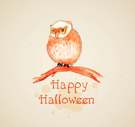Vector watercolor Halloween background with owlのイラスト素材