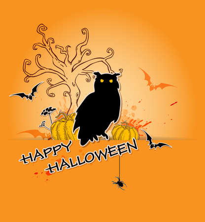 Halloween background with owl, pumpkin and treeのイラスト素材