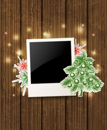 Wooden vector  background with photo and Christmas treeのイラスト素材