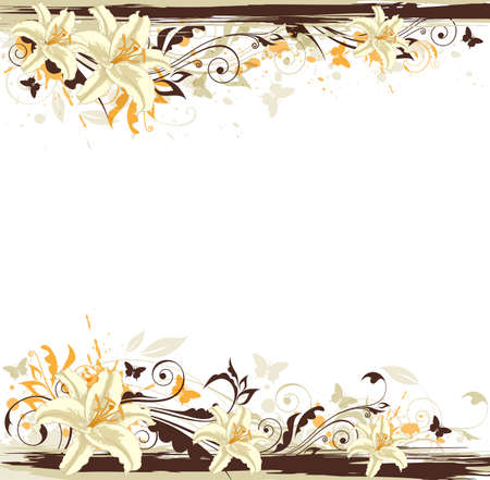 Decorative vector background with white lily and butterfliesのイラスト素材