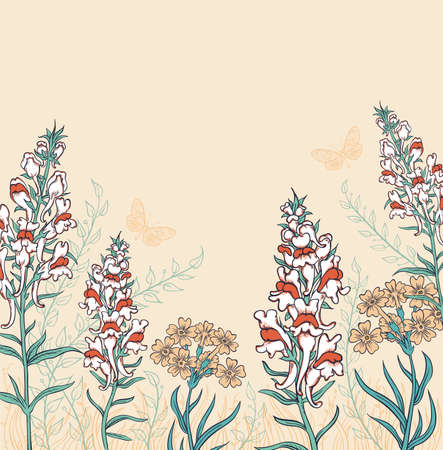 Decorative vector background with wildflowers and butterfliesのイラスト素材