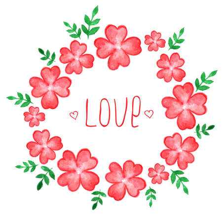 Vector watercolor floral frame with red flowers and leavesのイラスト素材