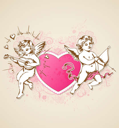 Vintage vector background with pink heart and Cupids for Valentine's dayのイラスト素材