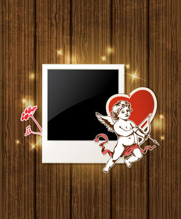 Decorative wooden vector background with photo and Cupid for Valentine's dayのイラスト素材