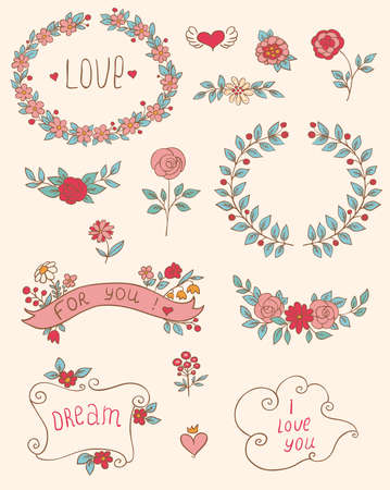 Set of floral romantic doodle elements for designのイラスト素材