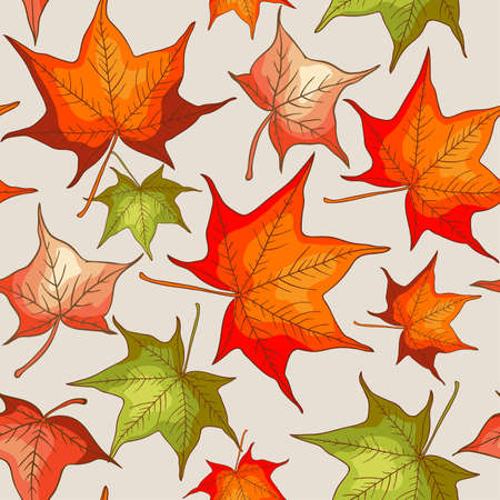 Vector seamless pattern with red and orange autumn leavesのイラスト素材