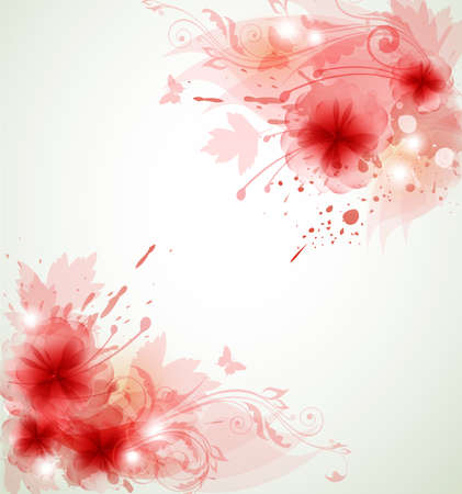 Abstract vector floral background with red flowers and leavesのイラスト素材