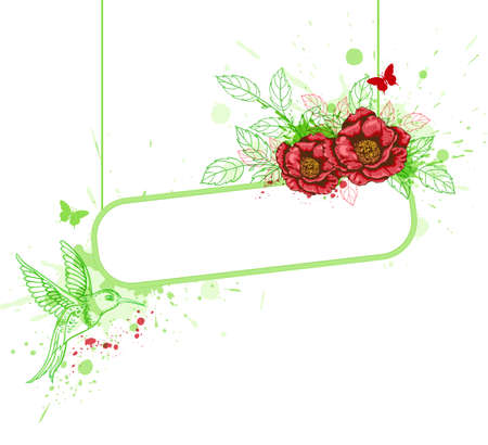 Green decorative banner with red flowers and birdのイラスト素材