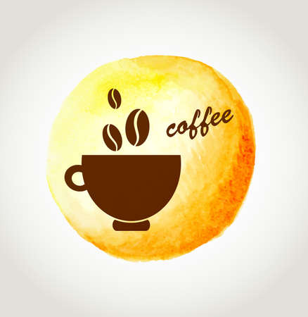 Cup of coffee on a yellow watercolor backgroundのイラスト素材