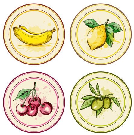 Set of vector vintage labels with fruits and berriesのイラスト素材
