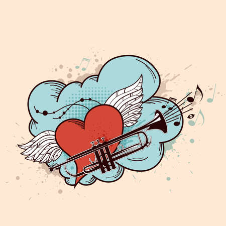 Musical vector background with red heart and trumpetのイラスト素材