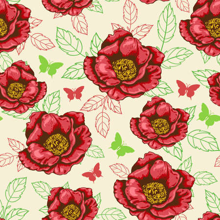 Seamless pattern with red flowers and leavesのイラスト素材