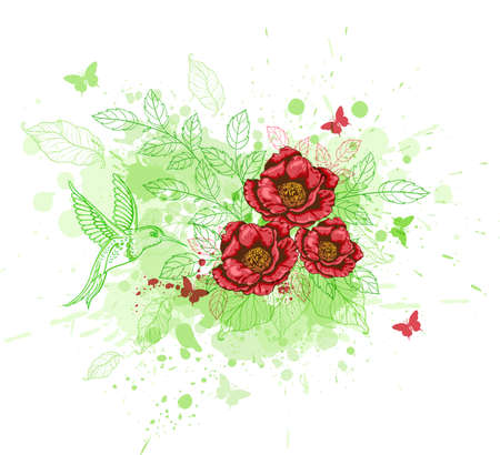 Green decorative background with red flowers and birdのイラスト素材