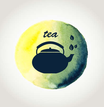 Teapot on a green watercolor backgroundのイラスト素材