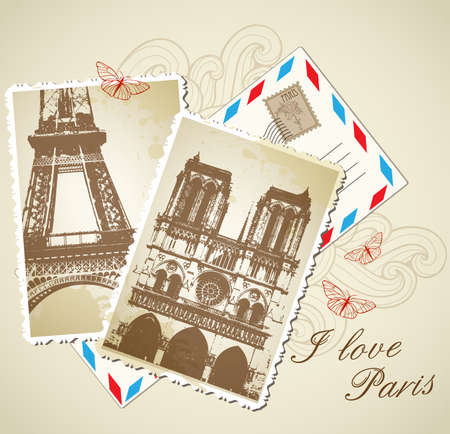 Vector background with envelope and old vintage photos of Parisのイラスト素材