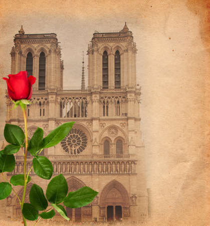 Vintage background with Notre Dame and red roseの写真素材