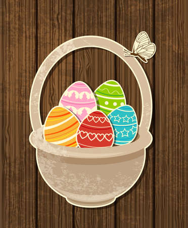 Vector wooden Easter background with eggs in basketのイラスト素材