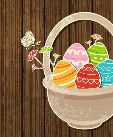 Vector wooden Easter background with eggs in basketのイラスト素材