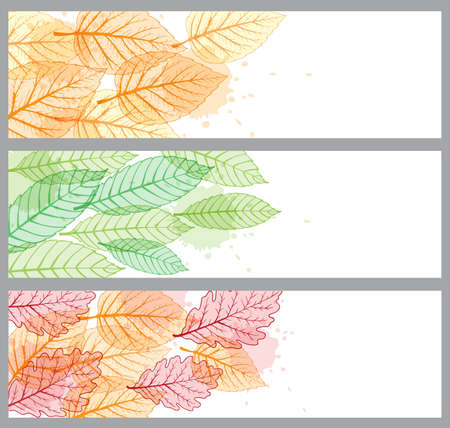 Horizontal vector banners with green and orange leavesのイラスト素材